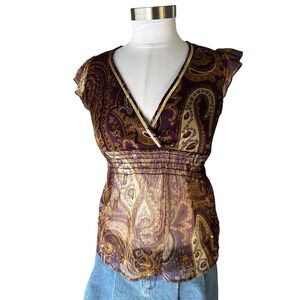 52 Weekends Purple Paisley Sequin Trim Smocked Empire Waist Blouse Small Y2K